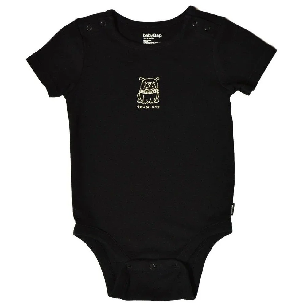 EUC Baby Gap Boys 12 18 Months Black Snap Tough Guy Bull Dog One Piece Body Suit